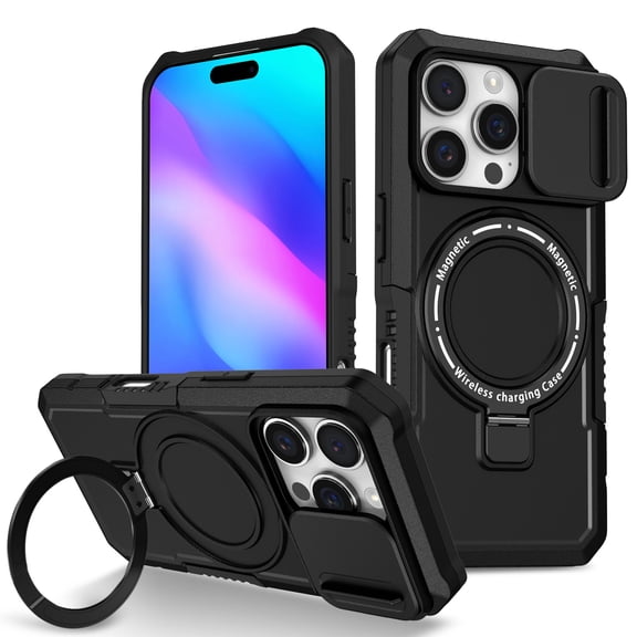 Decase Ring Holder Sliding Window Magnetic Mobile Phone Case for iPhone 16 Pro,Phone Holder,Matte Shockproof Protective Phone Cover for iPhone 16 Pro 6.3 inch Case,Black