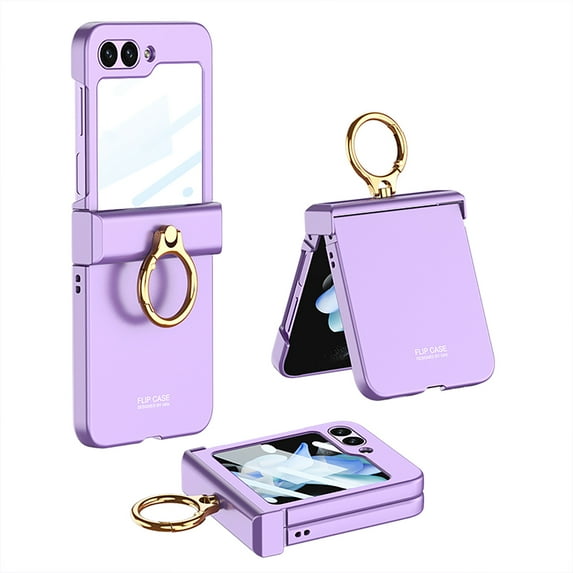 Decase Ring Stand Luxury Case for Samsung Galaxy Z Flip 5 Matte PC Case with Built-in Small Front Screen Protector Hinge Protection Metal Shockproof Slim Phone Cover Case,Purple