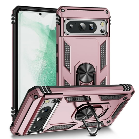 Decase Rugged Case for Google Pixel 8 Pro with Ring Kickstand Magnetic Car Mount,Soft TPU & Hard PC Anti-scratch Heavy Duty Cover With Screen Protector,Full Body Case for Google Pixel 8 Pro - Rosegold