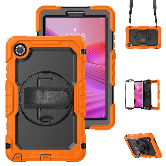 Decase Rugged Case for Lenovo Tab One 8.7" / Tab K9 2025,Shockproof 3-Layer Protective Tablet Cover with 360° Kickstand, Bulit in Screen Protector,Handle & Adjustable Shoulder Strap,Orange