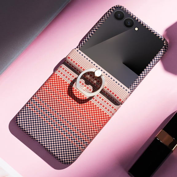 Decase Rugged Hard PC Case for Samsung Galaxy Z Flip 7 Built-in Grip Ring, Shockproof Anti-Scratch Cover with Non-Slip Texture,Lightweight Carbon Fiber Texture Mag-Safe Back Cover for Z Flip 7,Pink