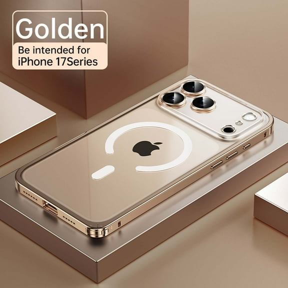 Decase Rugged Spring-Lock Metal Frame Mag-Safe Case for iPhone 17 Pro Max,Shockproof Matte Anti-Scratch Clear Back,Lightweight, Non-Slip, Transparent Hard PC+Metal Bumper Hybrid Phone Case,Gold