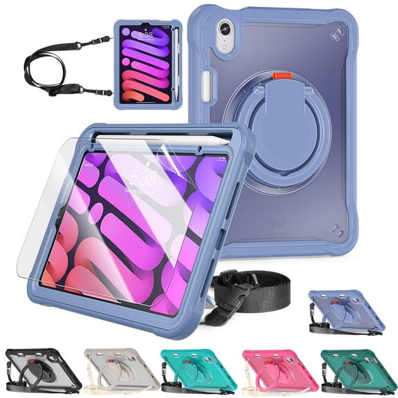 Decase Rugged Stand Case for iPad Mini 7 A17 Pro 2024/iPad Mini 6 2021 8.3 Inch,Shockproof Case with Stand for Kids,Pen Holder & Shoulder Strap & HD Clear Soft Screen Protector,Purple