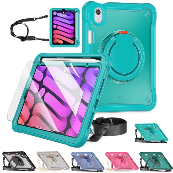 Decase Rugged Stand Case for iPad Mini 7 A17 Pro 2024/iPad Mini 6 2021 8.3 Inch,Shockproof Case with Stand for Kids,Pen Holder & Shoulder Strap & HD Clear Soft Screen Protector,Blue