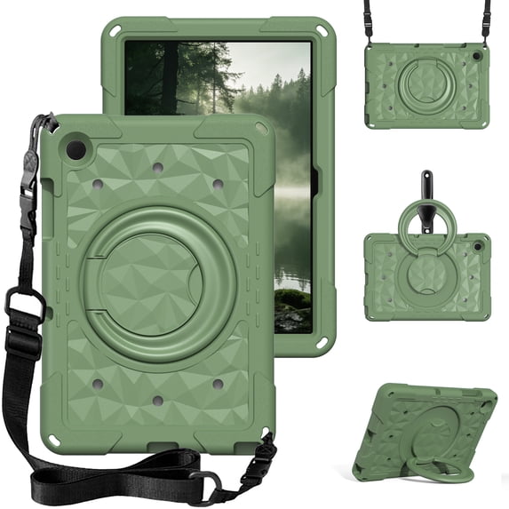 Decase Rugged Tablet Case for Samsung Galaxy Tab A11+ with 360° Rotating Ring Stand & Shoulder Strap,Shockproof Hard Stand Cover for Galaxy Tab A11+/A9+ 2025/2023,Armygreen