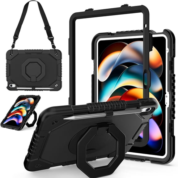 Decase Rugged Tablet Case for iPad 11th Gen 2025 11-Inch / 10th Gen 2022 10.9-Inch,Shockproof Heavy Duty Ring Stand Cover with Detachable Shoulder Strap & Pen Holder,Black