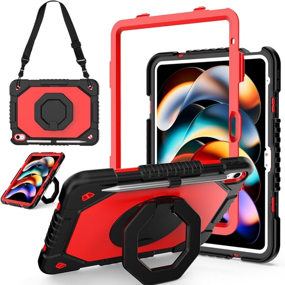 Decase Rugged Tablet Case for iPad 11th Gen 2025 11-Inch / 10th Gen 2022 10.9-Inch,Shockproof Heavy Duty Ring Stand Cover with Detachable Shoulder Strap & Pen Holder,Red