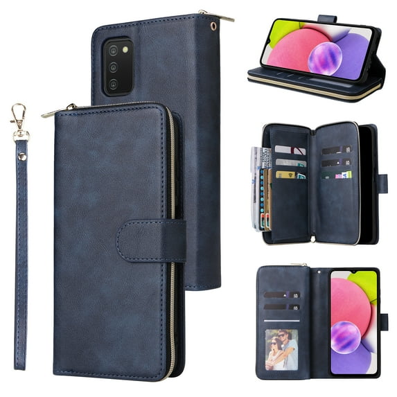 Decase for Samsung Galaxy A03s Case, Shockproof Wrist Strap Zipper Card Holder Cash Slots Kickstand Premium PU Leather Magnetic for Galaxy A03S Phone Case Protective Flip Cover,Blue