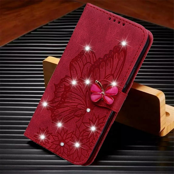 Decase Samsung Galaxy A03s Phone Case, Glitter Bling Diamond Butterfly Case Flip Embossing PU Leather Wallet Case for Samsung Galaxy A03s, Red