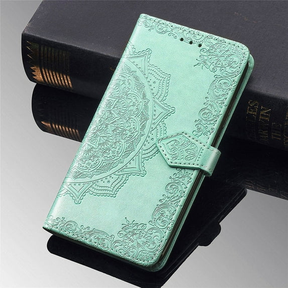 Decase for Samsung Galaxy A10e (5.83" 2019) Wallet Case, Shockproof PU Leather Emboss Floral Flower Wrist Strap Folio Magnetic Kickstand Card Slots Protective Cover, green