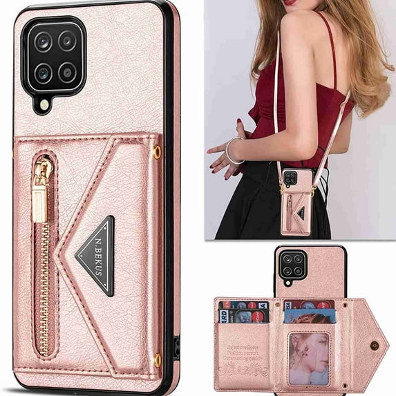 Decase for Samsung Galaxy A12 5G Case with Card Holder,Slim Envelope Crossbody Lanyard Flip Magnetic Folding Purse Protective Back Case with Zipper Pocket Kickstand Shoulder Strap for Women,Rosegold
