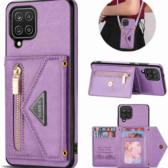 Decase for Samsung Galaxy A12 5G Case with Card Holder,Slim Envelope Crossbody Lanyard Flip Magnetic Folding Purse Protective Back Case with Zipper Pocket Kickstand Shoulder Strap for Women,Purple