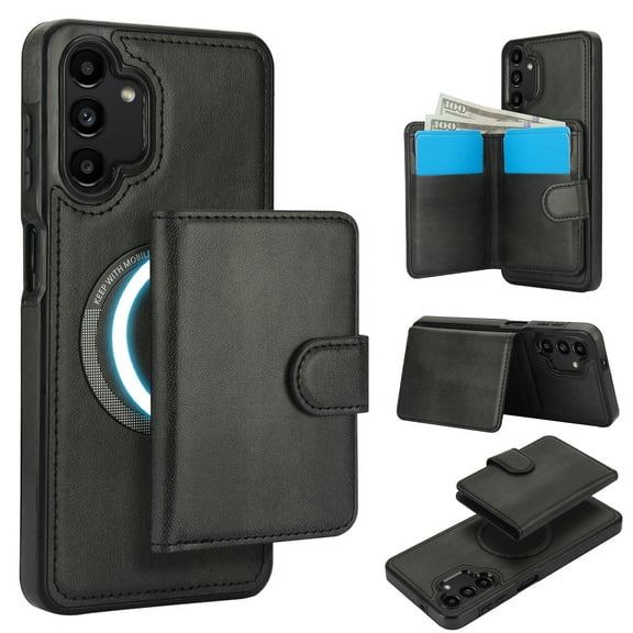 Decase for Samsung Galaxy A13 4G Flip PU Leather Back Cover with 2-in-1 Detachable Magnetic Wallet with 5 Card Slots Compatible Mag-Safe and RFlD Blocking Kickstand and Wireless Charging,Black