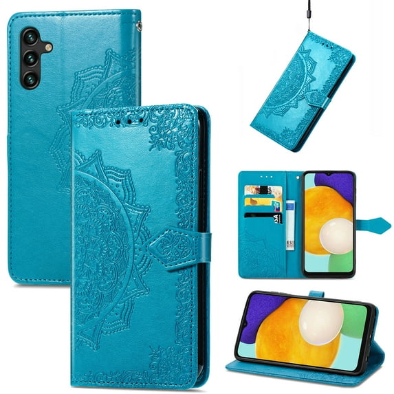 Decase for Samsung Galaxy A13 5G Wallet Cover, Shockproof Magnetic Flower Embossed Premium PU Leather Wallet Card Slots Flip Protective Phone Case with Hand Strap and Kickstand, Blue