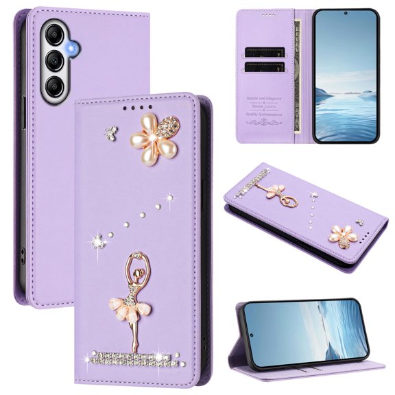 Decase for Samsung Galaxy A24 4G Wallet Case,Premium PU Leather Flip Cover with Card Slot,Rhinestone Dancing Girl Pattern Cover,Shockproof Solid Color Case,Purple