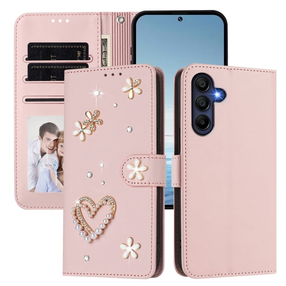 Decase for Samsung Galaxy A26 5G Shockproof Phone Case,Rhinestone Heart Flower Pearl PU Leather Card Holder Wallet Cover,Folio Flip Magnetic Closure Card Slots Cover,Rosegold