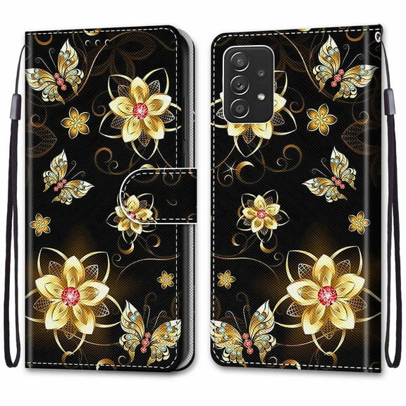 Decase for Samsung Galaxy A53 5G Wallet Case 3D Premium PU Leather with Card Holder Kickstand Wrist Strap Magnetic Closure Shockproof Flip Case for Galaxy A53 5G,Golden Flower