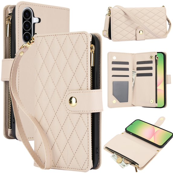 Decase for Samsung Galaxy A56 5G Wallet Phone Case with Crossbody Lanyard Strap&Wrist Strip,Shockproof Stylish Zipper Pockets Case with Card Slots+Cash Slots,PU Leather Folio Book Design,Apricot