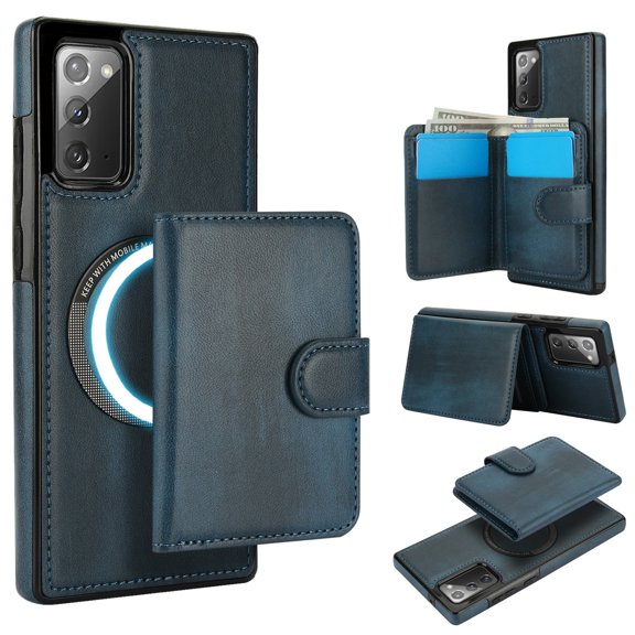 Decase for Samsung Galaxy Note 20 Flip PU Leather Back Cover with 2-in-1 Detachable Magnetic Wallet with 5 Card Slots Compatible Mag-Safe and RFlD Blocking Kickstand & Wireless Charging,Blue