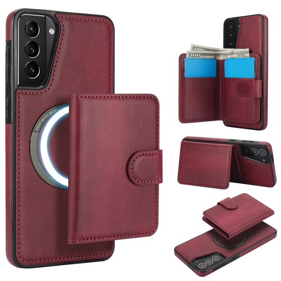 Decase for Samsung Galaxy S21 Flip PU Leather Back Cover with 2-in-1 Detachable Magnetic Wallet with 5 Card Slots Compatible Mag-Safe and RFlD Blocking Kickstand and Wireless Charging,Winered