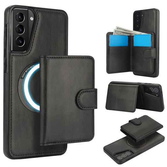 Decase for Samsung Galaxy S21 Flip PU Leather Back Cover with 2-in-1 Detachable Magnetic Wallet with 5 Card Slots Compatible Mag-Safe and RFlD Blocking Kickstand and Wireless Charging,Black