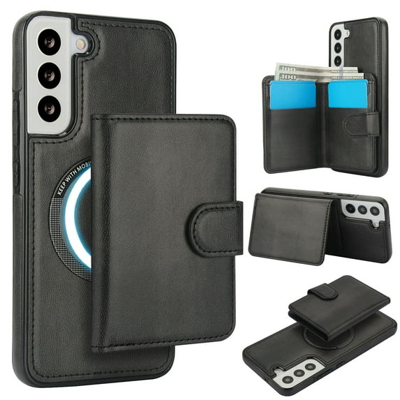 Decase for Samsung Galaxy S22 Flip PU Leather Back Cover with 2-in-1 Detachable Magnetic Wallet with 5 Card Slots Compatible Mag-Safe and RFlD Blocking Kickstand and Wireless Charging,Black