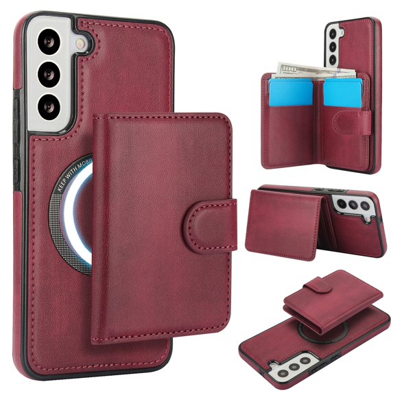 Decase for Samsung Galaxy S22 Flip PU Leather Back Cover with 2-in-1 Detachable Magnetic Wallet with 5 Card Slots Compatible Mag-Safe and RFlD Blocking Kickstand and Wireless Charging,Winered