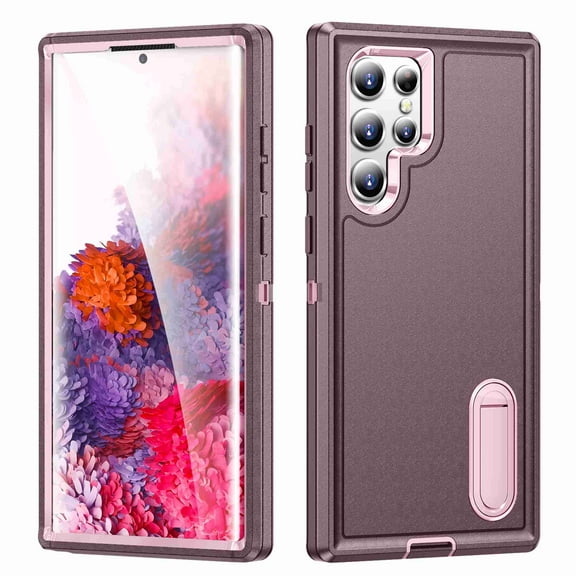 Decase for Samsung Galaxy S22 Ultra Case Heavy Duty Full Body Shockproof Kickstand with Ring Holder Hybrid Bumper Silicone Hard Back Cover for Samsung Galaxy S22 Ultra, Purple+Pink