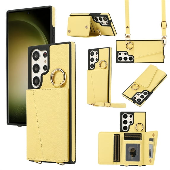 Decase for Samsung Galaxy S22 Ultra Crossbody Wallet Case,with Credit Card Slot Strand,Built-in Mirror,Slim Shockproof Anti-Fall with Shoulder Strap Lanyard Ring Holder Case Cover,Yellow