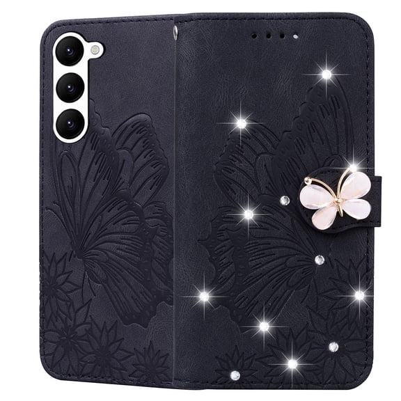 Decase Samsung Galaxy S23 6.1 inch Phone Case, Glitter Bling Diamond Butterfly Magnetic Shockproof Case Flip Embossing PU Leather Wallet Case for Samsung Galaxy S23 5G, Black