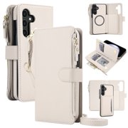 Decase for Samsung Galaxy S23 FE Crossbody Wallet Case with Detachable Magnetic Phone Cover,RFID Blocking Faux Leather Flip Folio Cover with Zipper Pocket and Strap,Apricot