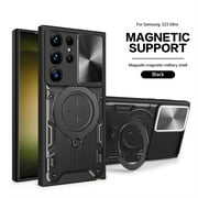 Decase for Samsung Galaxy S23 FE Military Grade Protection Case,with Slide Lens Protector,Built-in Rotation Ring Stand,Shockproof Anti-Scratch Heavy Duty Case,Support Magnetic Car Mount,Black
