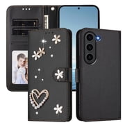 Decase for Samsung Galaxy S23 FE Shockproof Phone Case,Rhinestone Heart Flower Pearl PU Leather Card Holder Wallet Cover,Folio Flip Magnetic Closure Card Slots Cover,Black