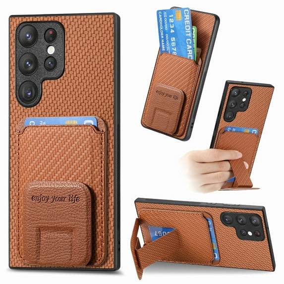 Decase for Samsung Galaxy S23 FE Wallet Case with Credit Card Slot Holder,with Hidden Foldable Stand,Slim Shockproof Anti-Fingerprint Carbon Fiber Texture Support Magnetic Car Mount Case Cover,Brown