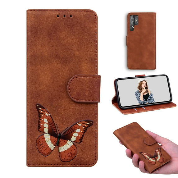 Decase for Samsung Galaxy S23 FE Wallet Case for Women with Card Holder,Flip PU Leather Kickstand,Magnetic Closure with Butterfly Pattern Shockproof Anti-Fall Protective Phone Case,Brown