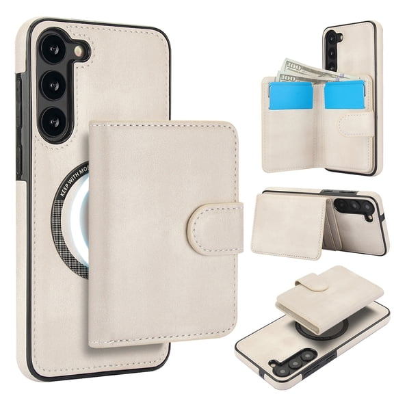 Decase for Samsung Galaxy S23 Flip PU Leather Back Cover with 2-in-1 Detachable Magnetic Wallet with 5 Card Slots Compatible Mag-Safe and RFlD Blocking Kickstand and Wireless Charging,White