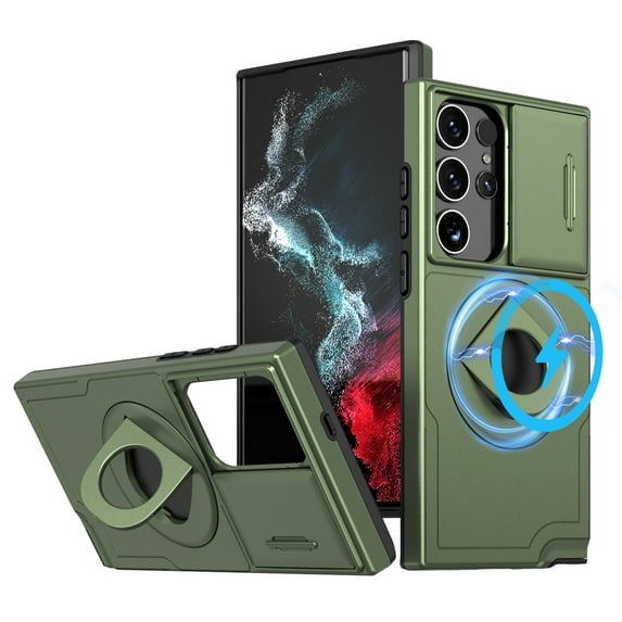 Decase for Samsung Galaxy S23 Military Grade Protection Case,Compatible with MagSafe,Built-in Rotation Ring Holder Stand,with Slide Camera Lens Protector,Slim Anti-Scratch Shockproof Cover,Olivegreen