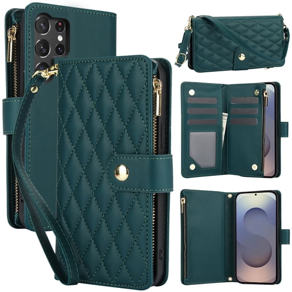 Decase for Samsung Galaxy S23 Plus Wallet Phone Case with Crossbody Lanyard Strap&Wrist Strip,Shockproof Stylish Zipper Pockets Case with Card Slots+Cash Slots,PU Leather Folio Book Design,Green