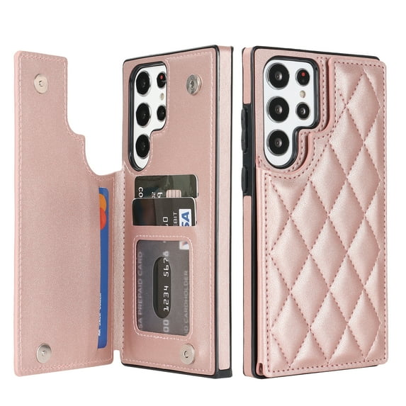Decase for Samsung Galaxy S23 Ultra 6.8 inch Wallet case with RFID Blocking 3 Credit Card Holder Back Flip Book PU Leather Protective Magnetic Buttons Stand Flip Cellphone Women Men Cover, Rosegold