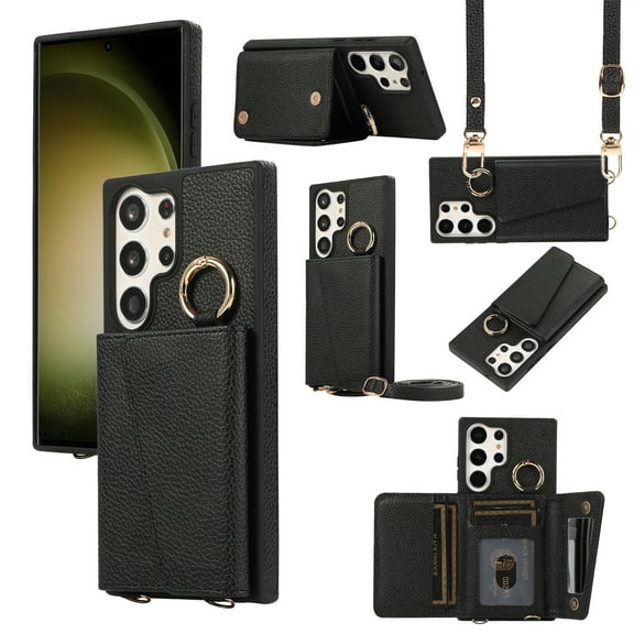 Decase for Samsung Galaxy S23 Ultra Crossbody Wallet Case,with Credit Card Slot Strand,Built-in Mirror,Slim Shockproof Anti-Fall with Shoulder Strap Lanyard Ring Holder Case Cover,Black