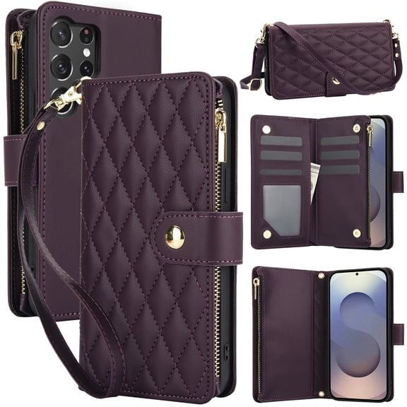 Decase for Samsung Galaxy S23 Ultra Wallet Phone Case with Crossbody Lanyard Strap&Wrist Strip,Shockproof Stylish Zipper Pockets Case with Card Slots+Cash Slots,PU Leather Folio Book Design,Darkpurple