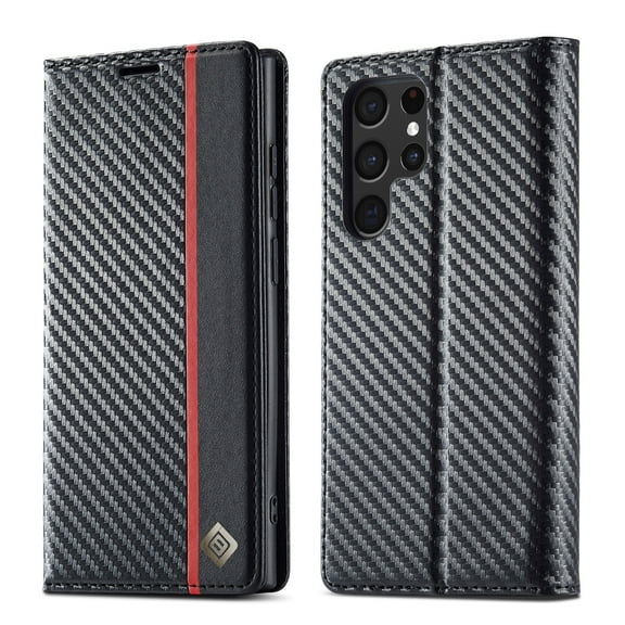 Decase for Samsung Galaxy S24 Case Wallet,Carbon Fiber Texture Magnetic Closure PU Leather Business Shockproof Card Slots Protective Cover Case for Galaxy S24,Black-Vertical