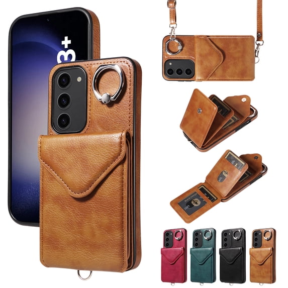 Decase for Samsung Galaxy S24 Case Wallet with Card Holder,Magnetic Closure Shockproof Protective Phone Cover with Crossbody Strap & Ring Kickstand Retro PU Leather Case for Women Men,Brown