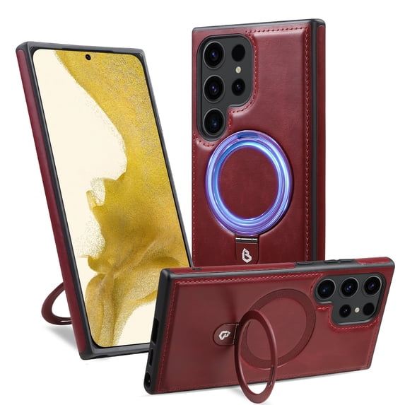 Decase for Samsung Galaxy S24 Compatible with MagSafe Case,Luxury Slim Logo View Rugged Shockproof PU Leather Anti-Scratch,Built-in Hidden Ring Holder Stand Protective Cover,Winered