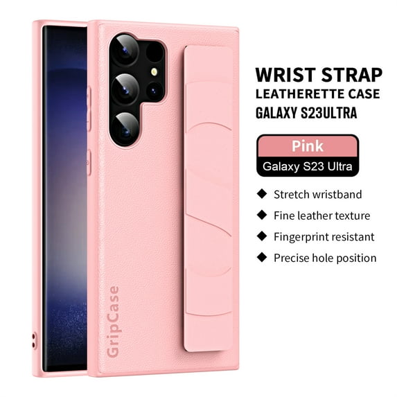 Decase for Samsung Galaxy S24 with Hand Strap Case,Rugged Scratch Resistant Shokcproof Anti-Fingerprint,Hybrid PU Leather Non-Slip Elastic Wrist band Drop Proof Protective Cover,Pink