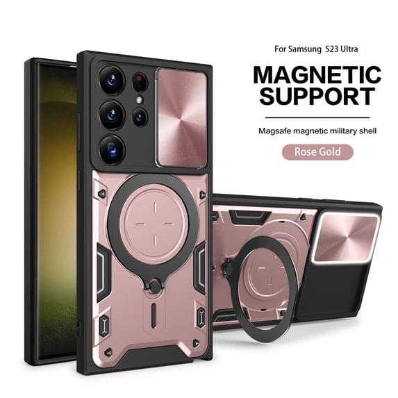 Decase for Samsung Galaxy S24 Plus Military Grade Protection Case,with Slide Lens Protector,Built-in Rotation Ring Stand,Shockproof Anti-Scratch Heavy Duty Case,Support Magnetic Car Mount,Pink