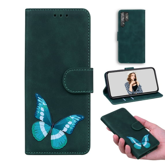 Decase for Samsung Galaxy S24 Plus Wallet Case for Women with Card Holder,Flip PU Leather Kickstand,Magnetic Closure with Butterfly Pattern Shockproof Anti-Fall Protective Phone Case,Green