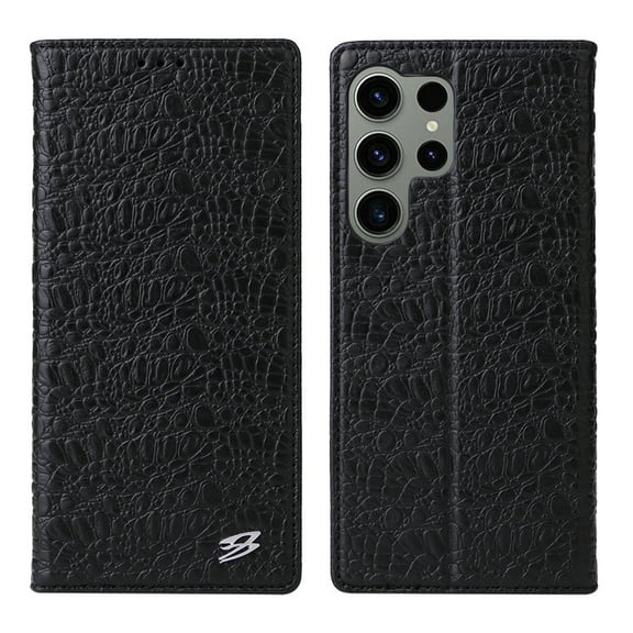 Decase for Samsung Galaxy S24 Ultra Case Wallet,Genuine Cowhide Leather Case Embossed Crocodile Pattern Magnetic Clasp Business Style Card Slots Holder Phone Cover for Samsung Galaxy S24 Ultra - Black