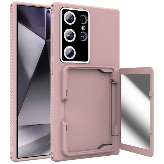 Decase for Samsung Galaxy S24 Ultra,Galaxy S24 Ultra Wallet Case Built-in Mirror Makeup & 4 Card Slots Holder Military Grade Rugged Cover Case with Camera Lens Protector,Rosegold