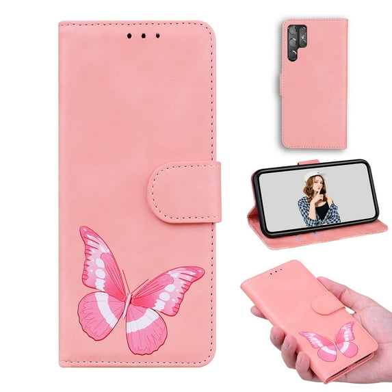 Decase for Samsung Galaxy S24 Ultra Wallet Case for Women with Card Holder,Flip PU Leather Kickstand,Magnetic Closure with Butterfly Pattern Shockproof Anti-Fall Protective Phone Case,Pink